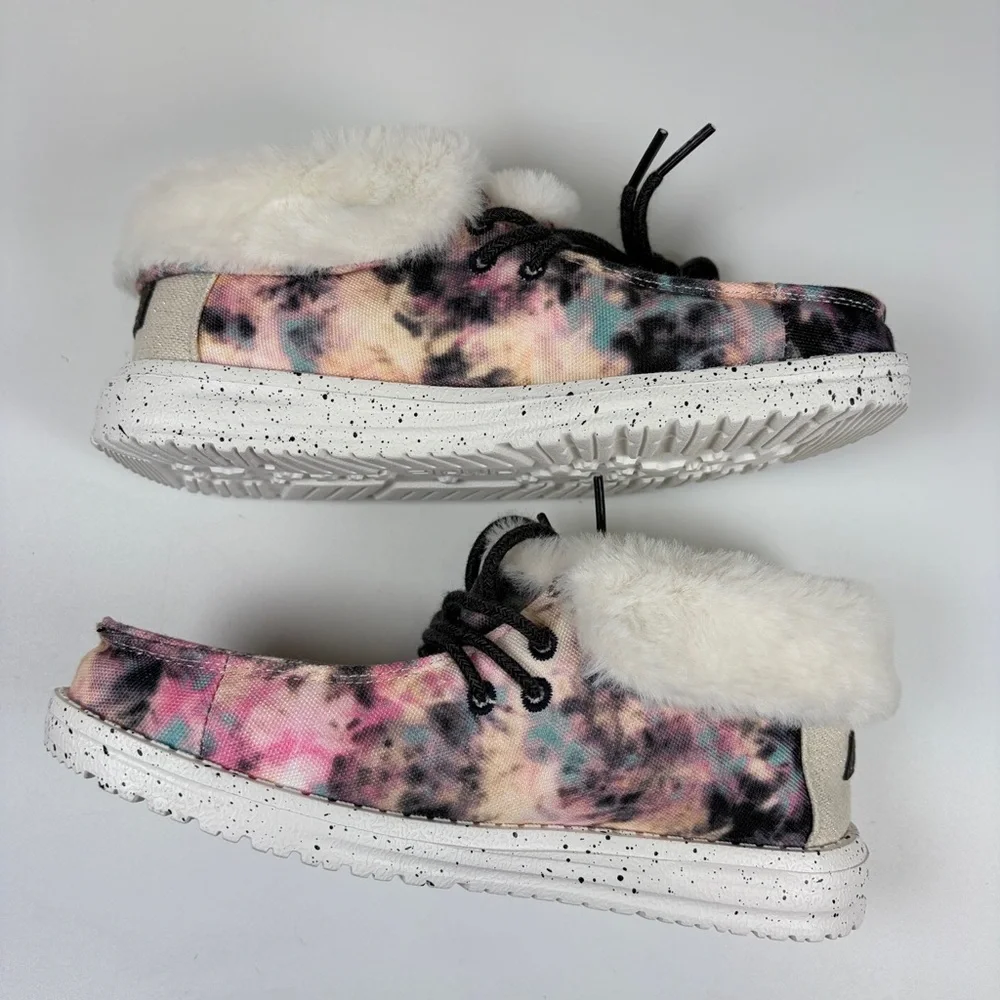 Hey Dude Britt Youth Y3 - L4 EU 35 Navy Pink Tie‎ Dye Boho Boot Faux Fur